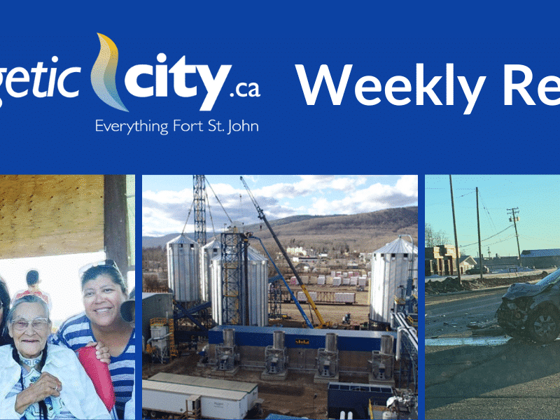 Three photos in a row. Let is of a group of people surrounding an elderly woman smiling. The middle is of a pulp mill. The right is a car accident.