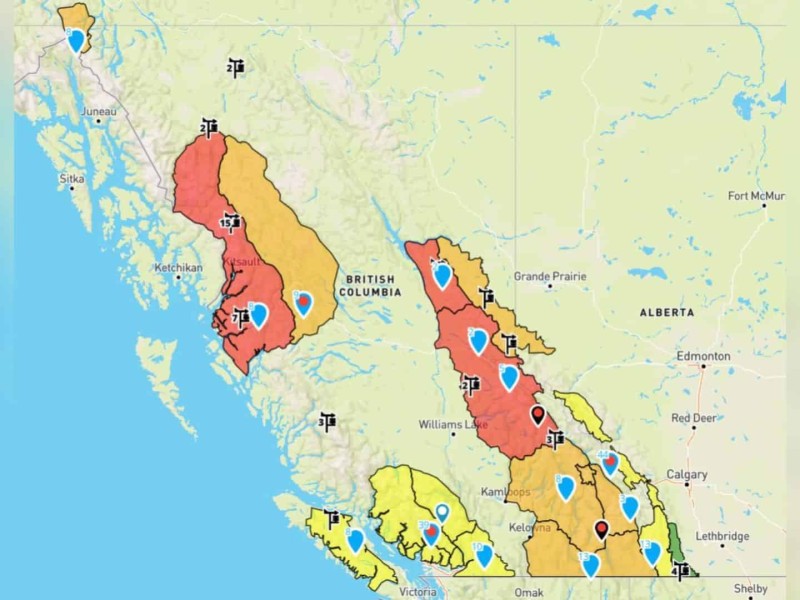 A screen shot of the Avalanche Canada map on January 24th