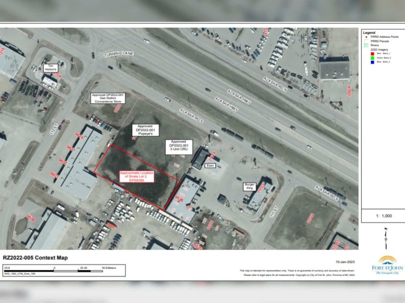 Overhead map of an area in Fort St. John. Showing where particular projects are being planned for development.