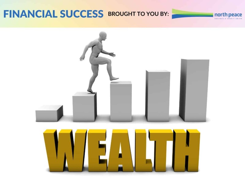 Man stepping on bars ascending with the word "wealth" underneath