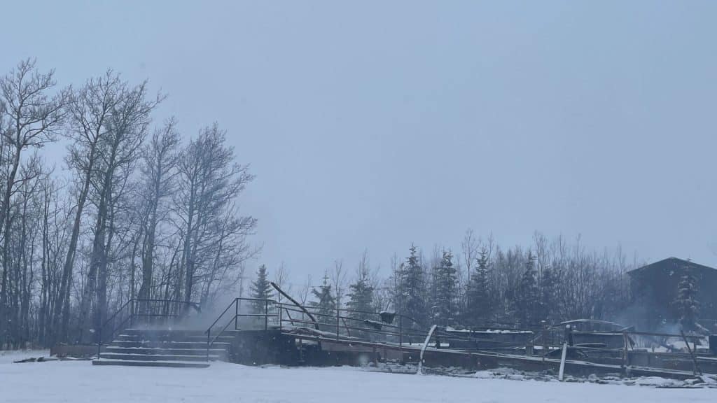 The burned out remains of a church in the winter with trees in the background.