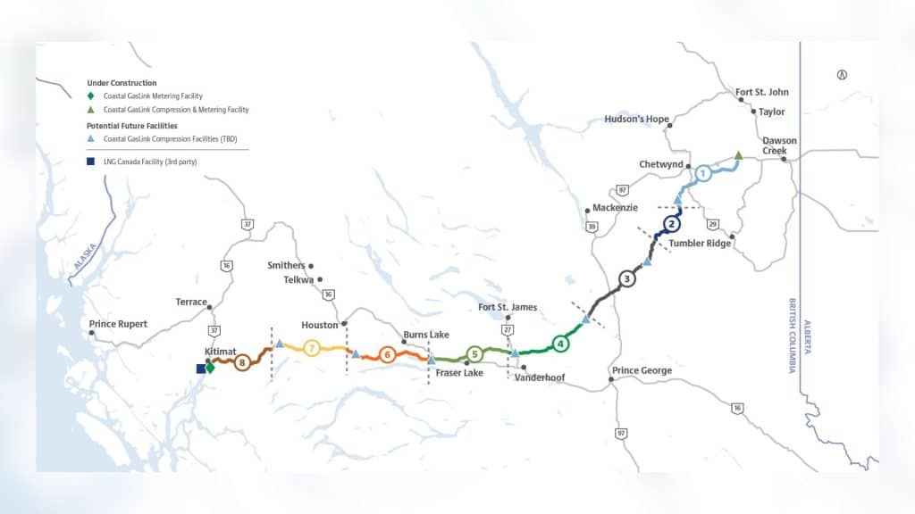 Map of Coastal GasLink Pipeline from Dawson Creek to Kitimat
