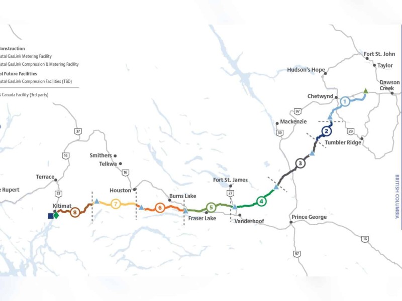 Map of Coastal GasLink Pipeline from Dawson Creek to Kitimat