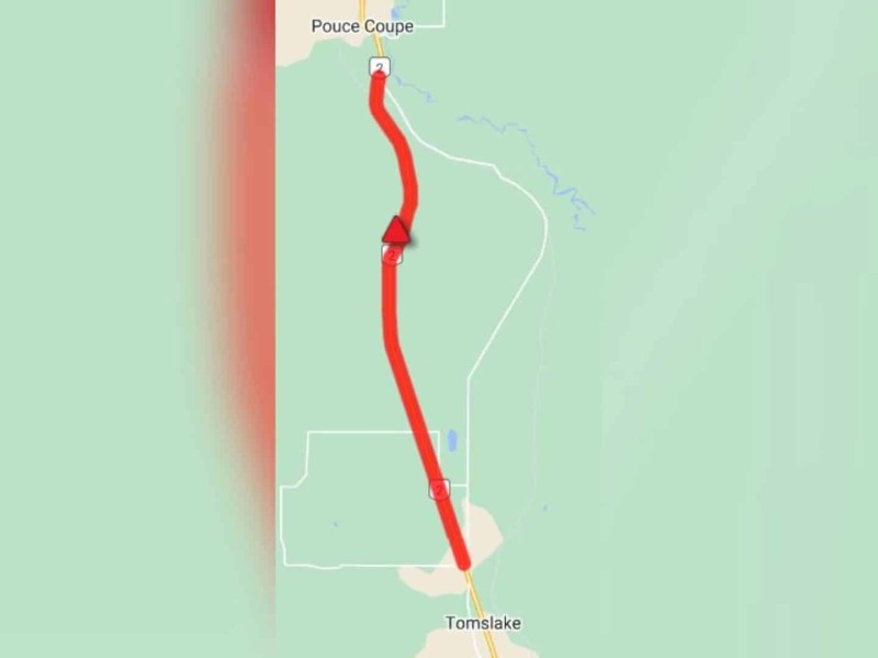 The section of Highway 2 closed for vehicle recovery. (DriveBC)