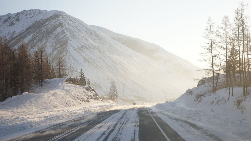 A snowy road in the winter.