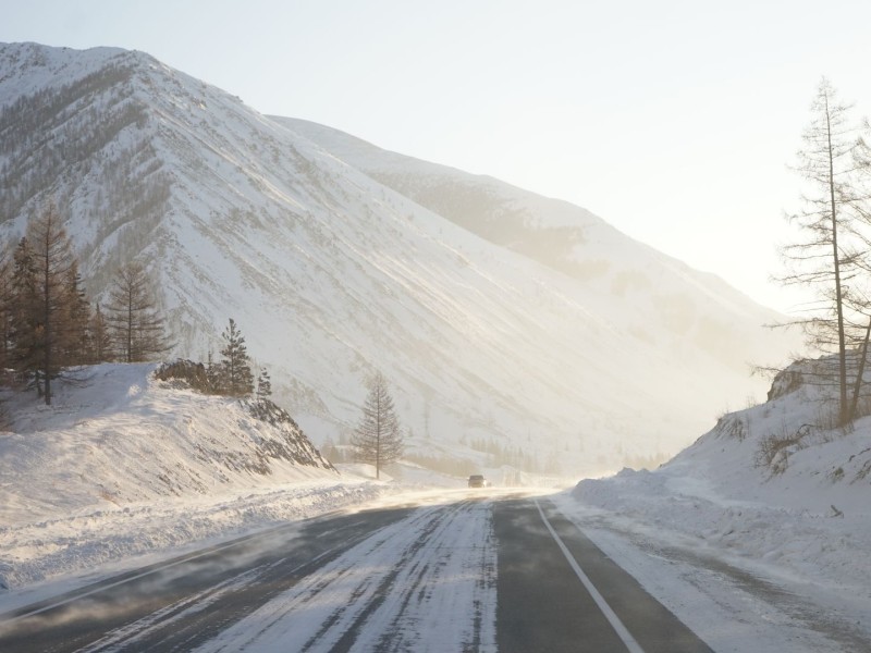 A snowy road in the winter.