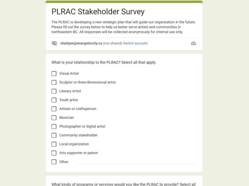 A screenshot of the PLRAC stakeholder survey. (Peace Liard Regional Arts Council)
