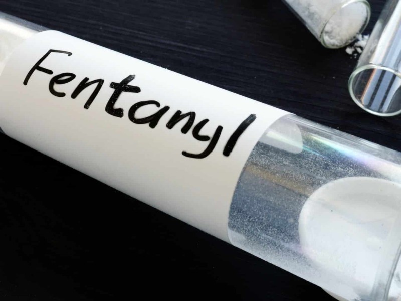 A picture of a glass vial of fentanyl, labelled as such.