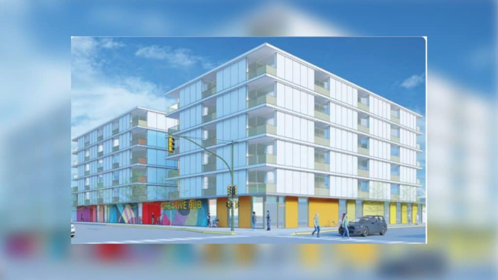 A rendering of a large white building with colourful walls around the bottom edge.