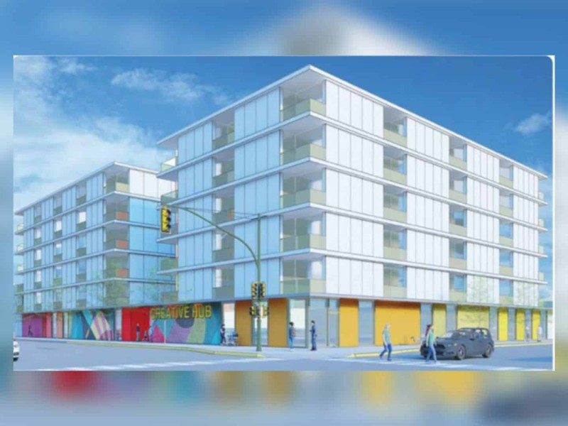 A rendering of a large white building with colourful walls around the bottom edge.