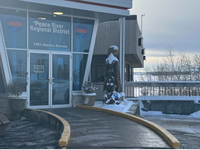 A glass building with a wooden statue of a bird next to the door.