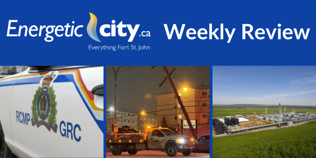 Image of left of a RCMP cruiser, image in middle of a broken power line, image on right of a gas processing plant