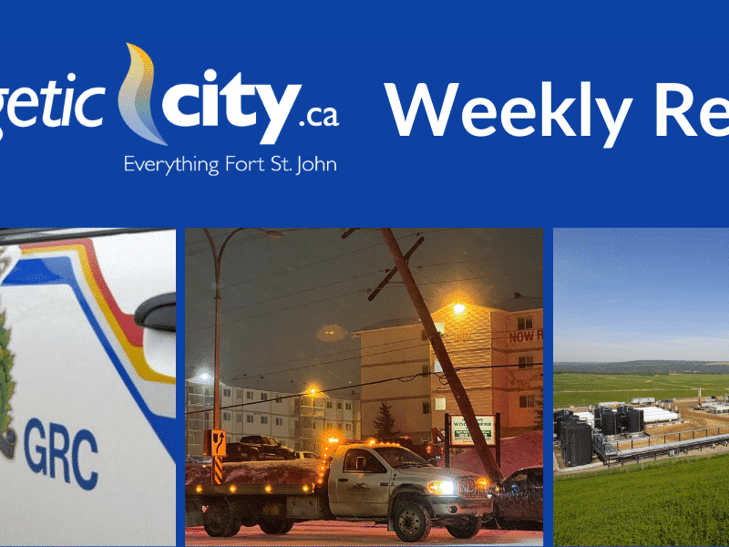 Image of left of a RCMP cruiser, image in middle of a broken power line, image on right of a gas processing plant