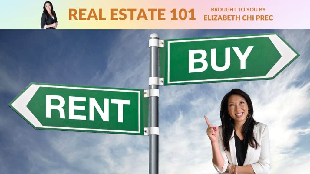 Person pointing up at a sign that says Rent pointing left and Buy pointing right