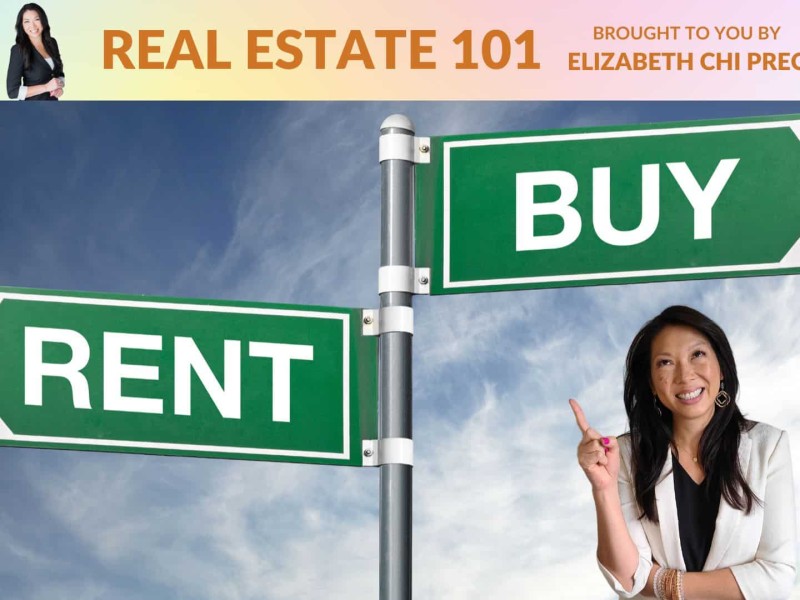 Person pointing up at a sign that says Rent pointing left and Buy pointing right