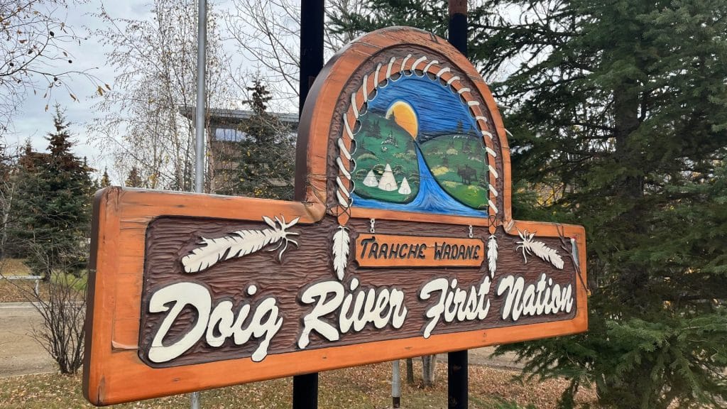 Current image: A wooden sign that reads "Doig River First Nation."