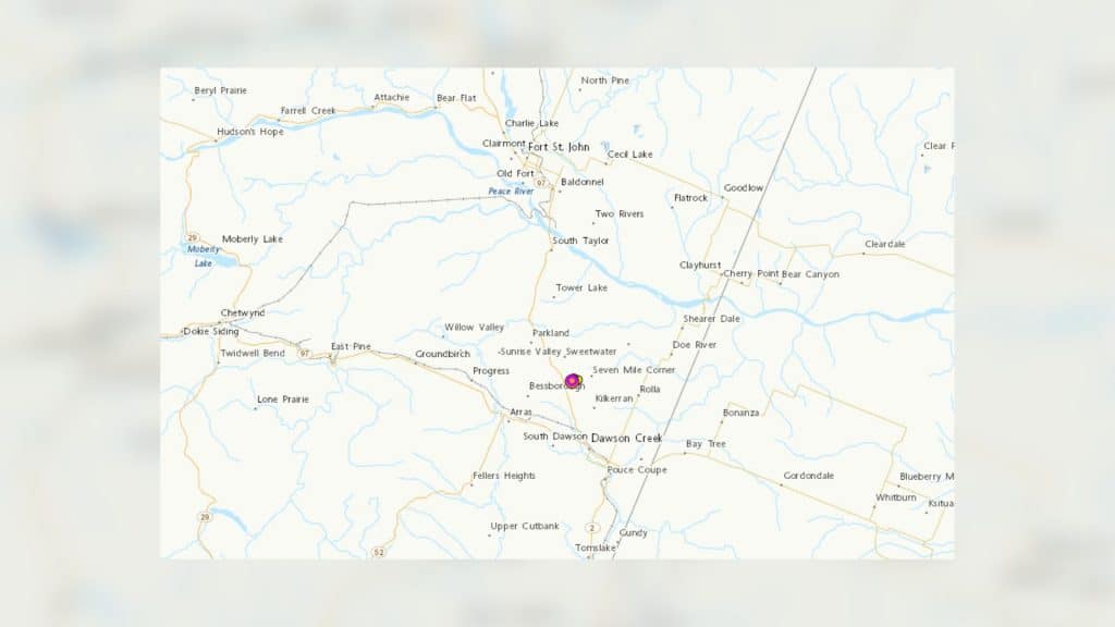 A green coloured map with pink and yellow dots indicating the location of seismic events.