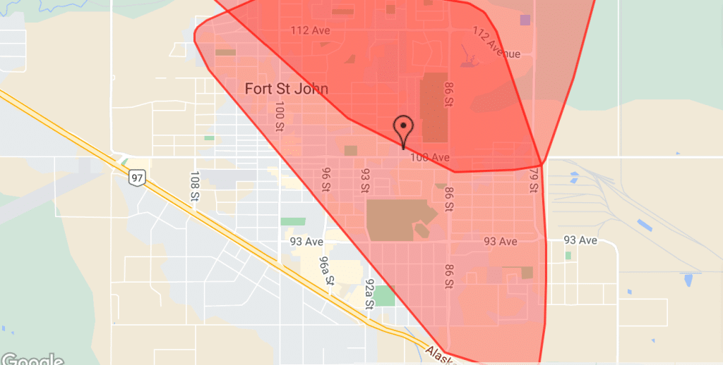 This map from B.C. Hydro shows the two power outages in Fort St. John on Monday February 20, 2023.