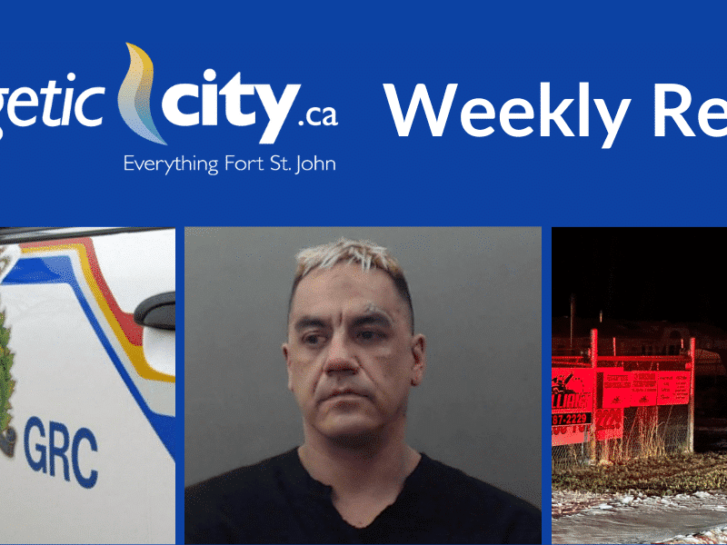 RCMP cruiser on left, mug shot of person with short blond hair and a black shirt in middle, picture of two people in hi viz vests walking away