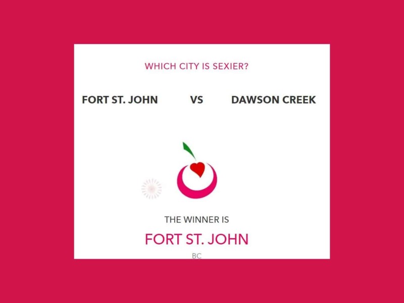 On a pink background, a white square with the text saying "which city is sexier?" and then "Fort St. John vs Dawson Creek" and a picture of a pink cherry with a heart in the middle then the text "The winner is Fort St. John."