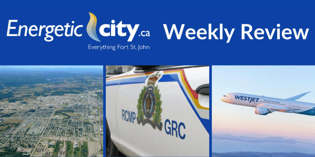 Picture on left of Fort St John from an arial view, picture in middle of an RCMP vehicle, picture on right of a WestJet airplane