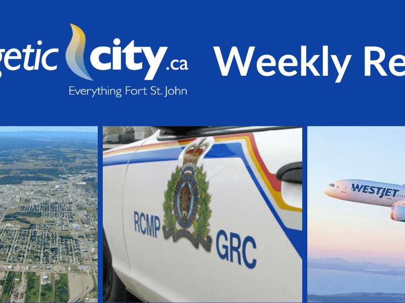 Picture on left of Fort St John from an arial view, picture in middle of an RCMP vehicle, picture on right of a WestJet airplane
