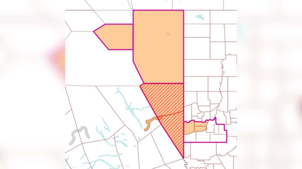 A map showing the area affected by the freezing rain, most of the Peace region.