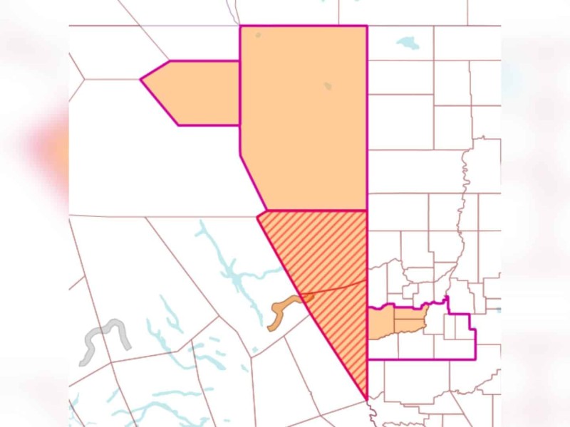 A map showing the area affected by the freezing rain, most of the Peace region.