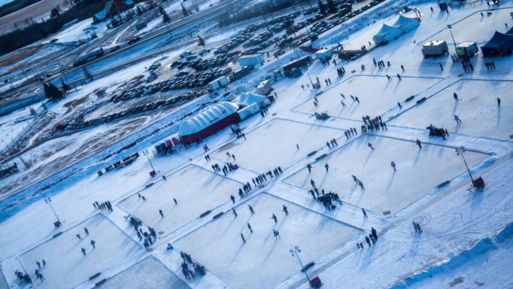 An aerial view of the Crystal Cup rinks on Charlie Lake.