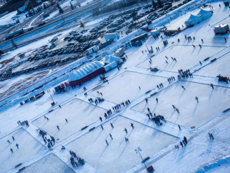 An aerial view of the Crystal Cup rinks on Charlie Lake.