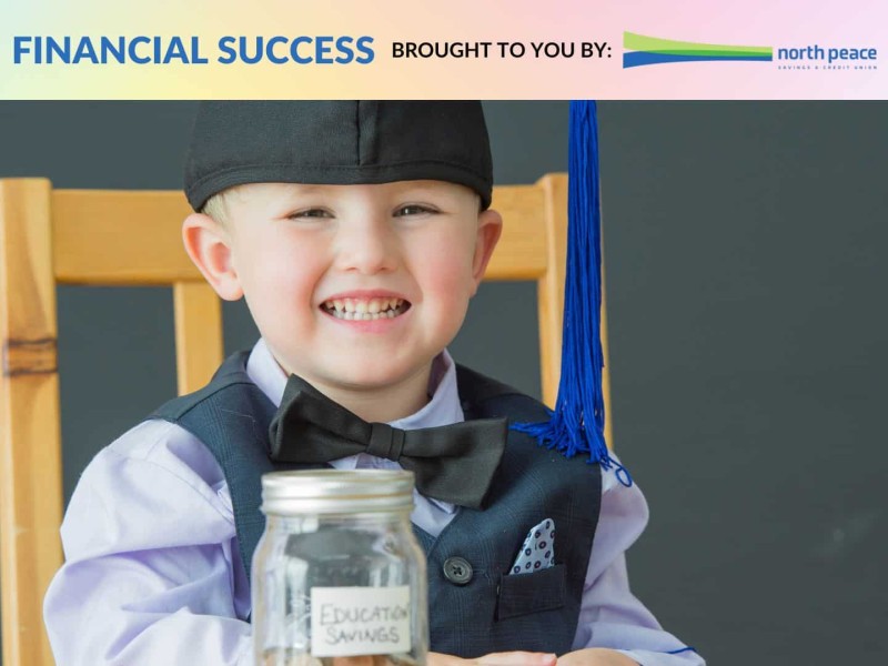 Young child with graduation cap and jar in front of them that says education savings