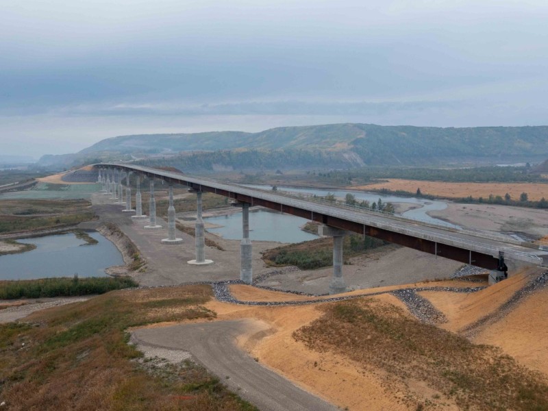 A new bridge spanning a kilometer across the Halfway River.