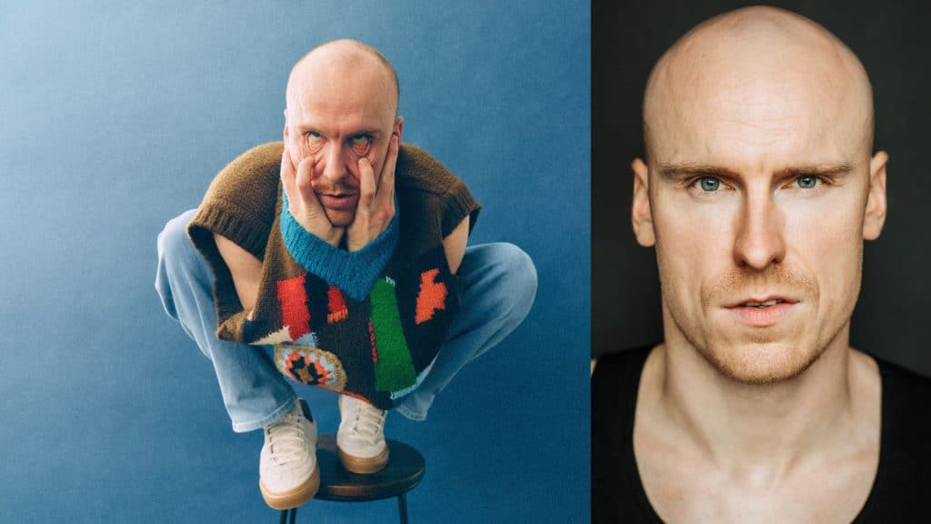 Two photo shots of the same man, the one on the left is him sitting on a stool and pulling on his face, the one on the right is a headshot.