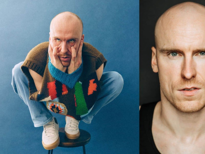 Two photo shots of the same man, the one on the left is him sitting on a stool and pulling on his face, the one on the right is a headshot.