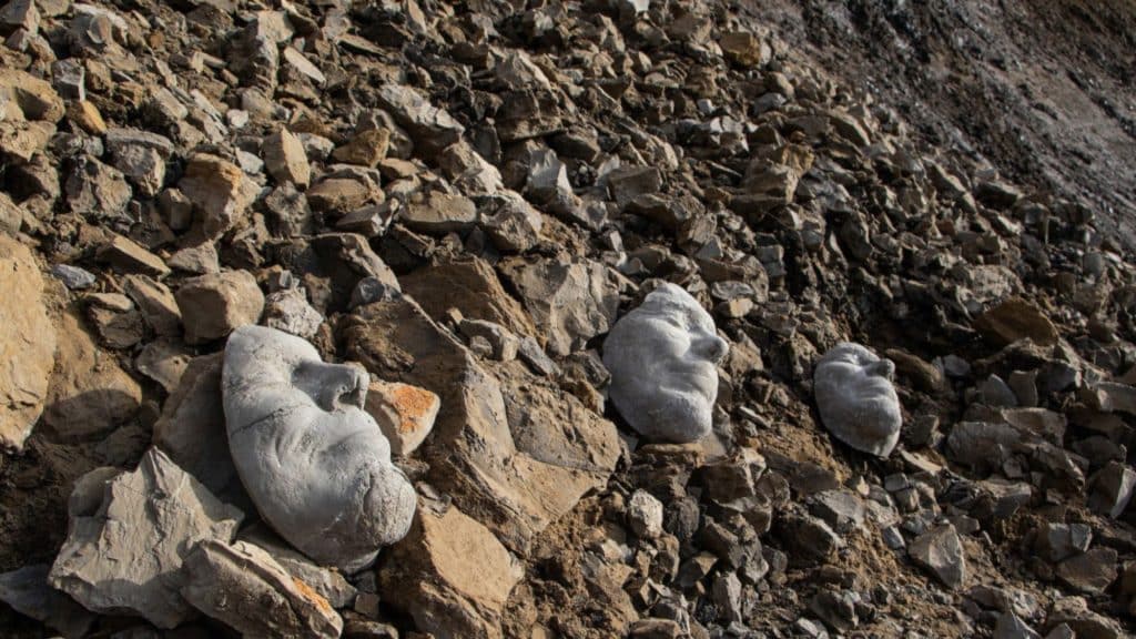 A rocky beach with three stone masks.