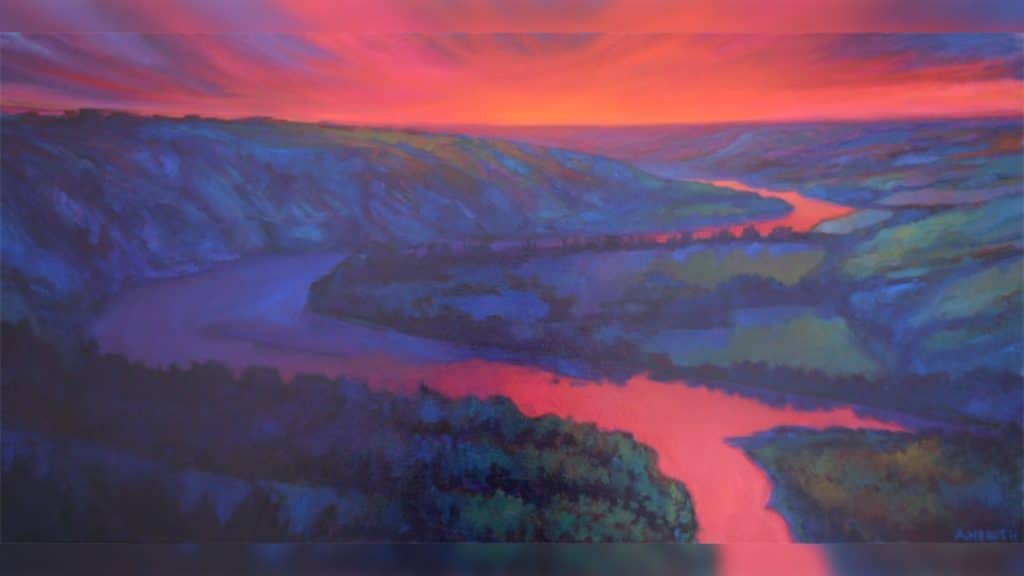 A painting of the Peace River at Sunset, winding through the valley.