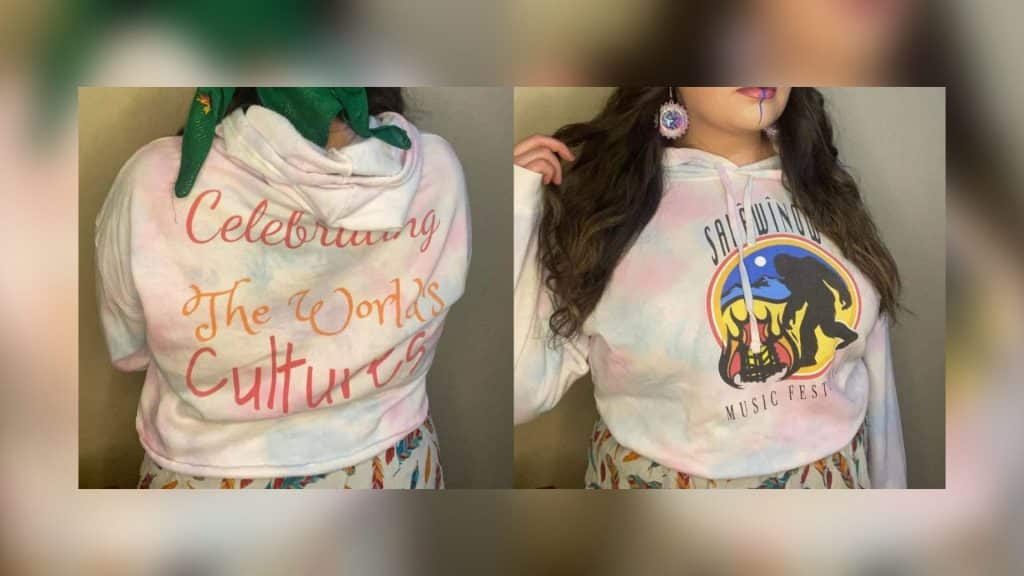 The back and front of a Sakâwînow Music Festival hoodie.