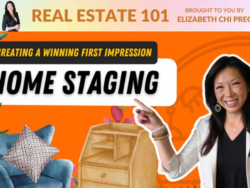 Person pointing at a sign that says Home Staging