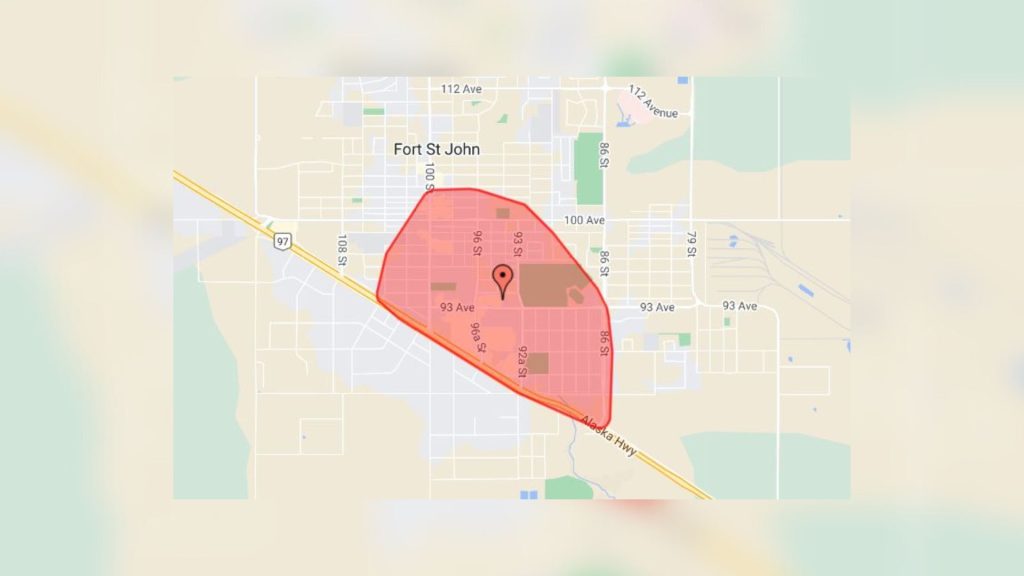 A map showing the power outage in Fort St. John.