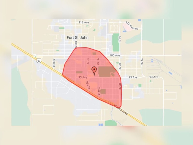 A map showing the power outage in Fort St. John.