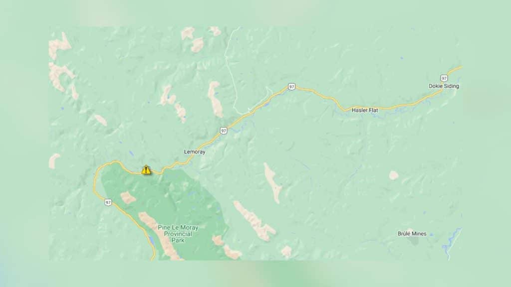 A map of the Pine Pass section of Highway 97 showing a vehicle incident by a yellow triangle with an exclamation point inside. 