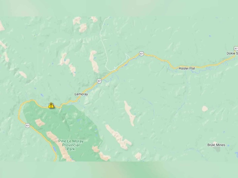 A map of the Pine Pass section of Highway 97 showing a vehicle incident by a yellow triangle with an exclamation point inside.