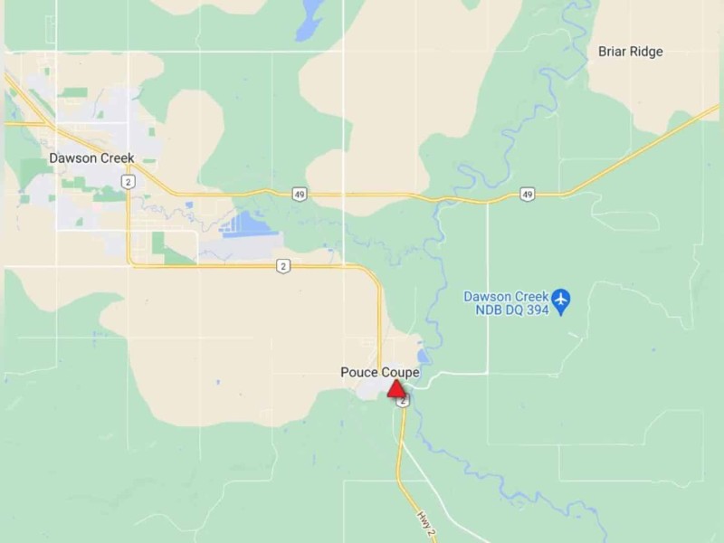 A map view showing Dawson Creek and Pouce Coupe, with an incident indicator south of Pouce Coupe.