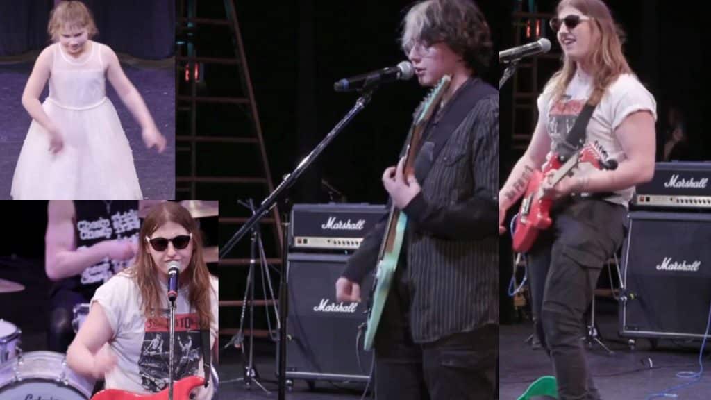 A collage of performers in a talent show. Top left is a dancer, bottom left is a guitarist and singer, middle is another guitarist and singer and right is the left most guitarist and singer again.