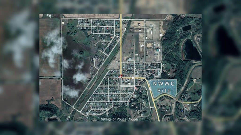 A top down map of Pouce Coupe, indicating where the new NWWC site will be.