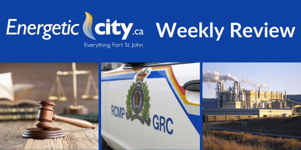 Picture on left of wooden gavel, picture in middle of RCMP vehicle, picture on right of a pulp mill