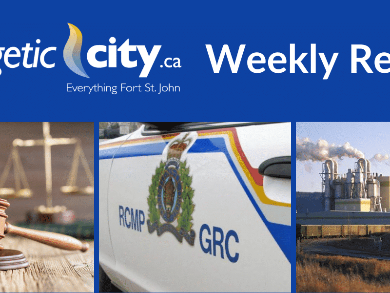 Picture on left of wooden gavel, picture in middle of RCMP vehicle, picture on right of a pulp mill