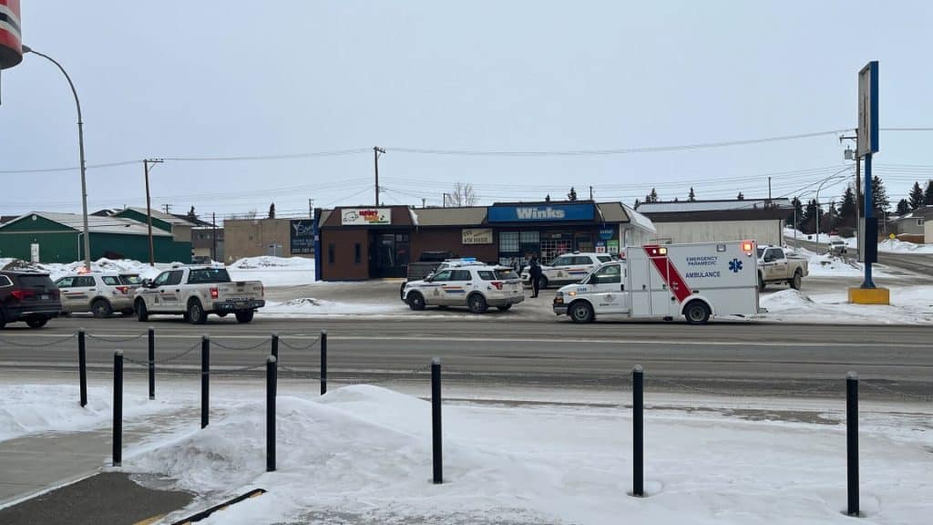 Police vehicles and an ambulance outside of a store called Winks.