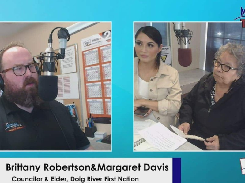 Three people behind microphones