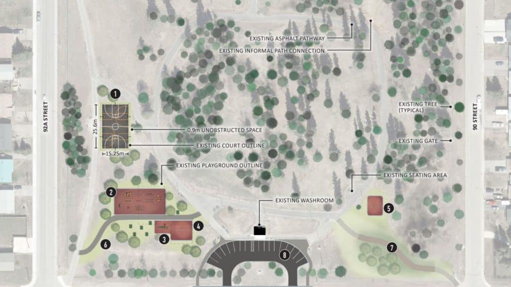 A map of Mathew's Park with upgrade locations.